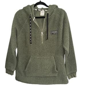 Victoria’s Secret PINK Sherpa Hoodie Jacket Half Zip Up Olive Green NWOT- Size S